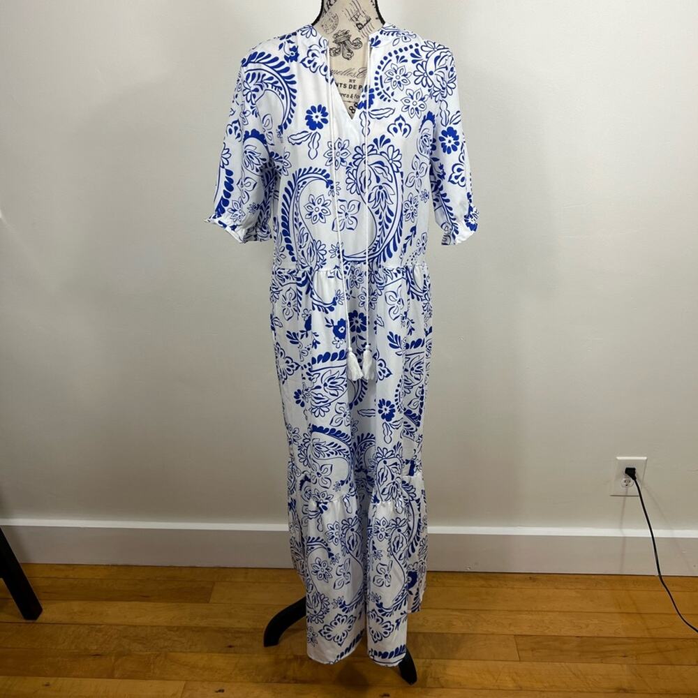 Lightweight 3/4 sleeve v-neck coastal grandma white and blue boho maxi dress